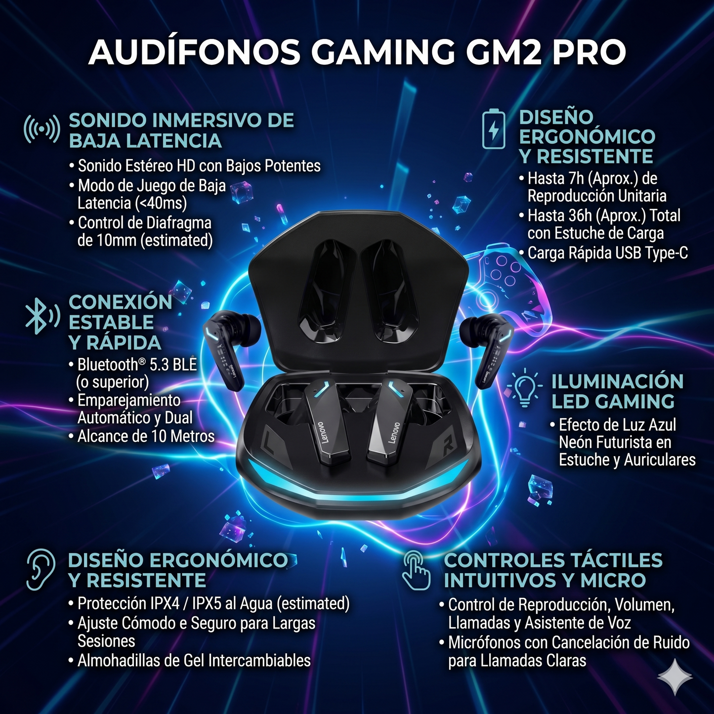 Audífonos Gaming LENOVO GM2 Pro – Sonido Envolvente · Batería de larga duración · RGB